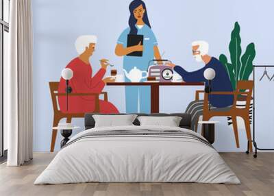 Old man and woman eating and talking in the nursing home or hospital.  Elderly old people help and care service, happy retirement concept. Cartoon Vector Illustration Wall mural